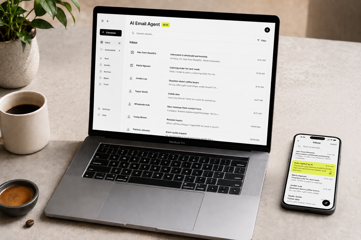 AI Email Agent product mockup on MacBook and iPhone